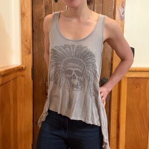 Trendy Gray Feather Skull Warrior Graphic Tank Top - Open Back - Small